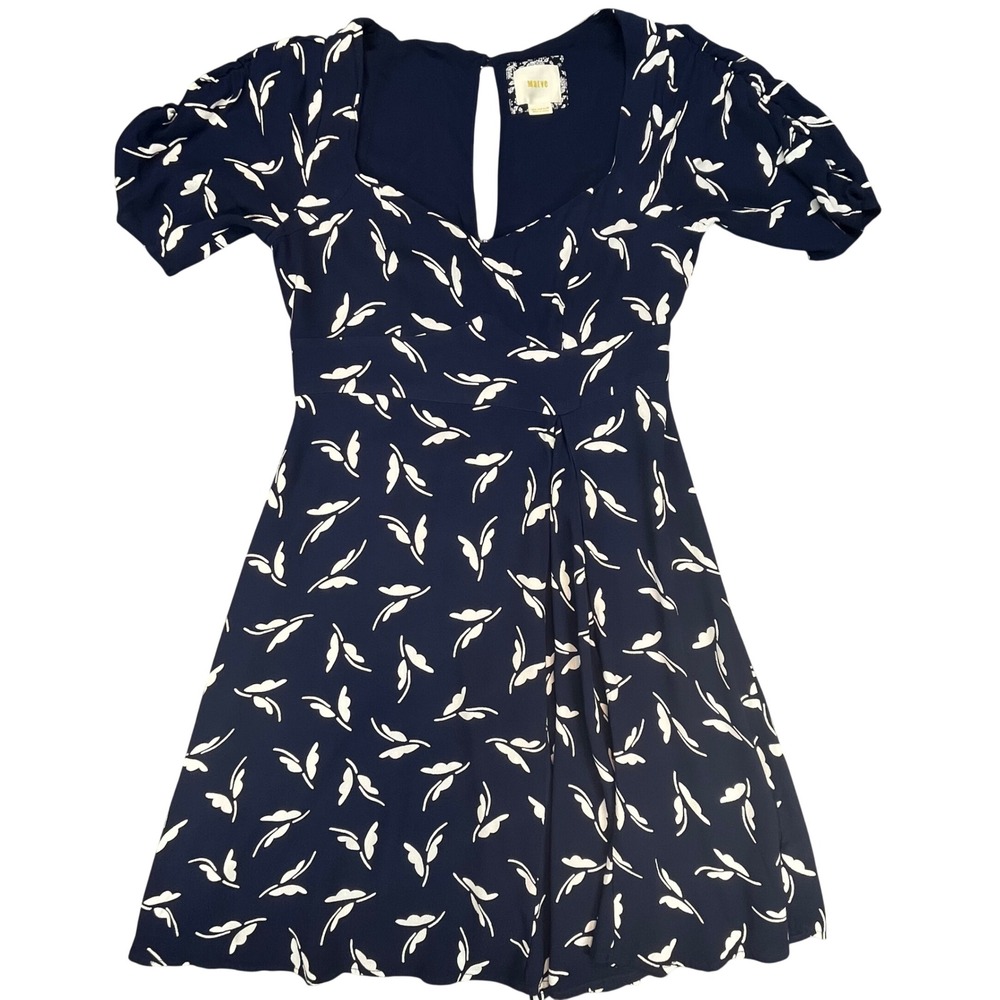 Maeve‎ Women Dress Navy Blue Leaf Print Sweetheart Puff Sleeve Retro 4